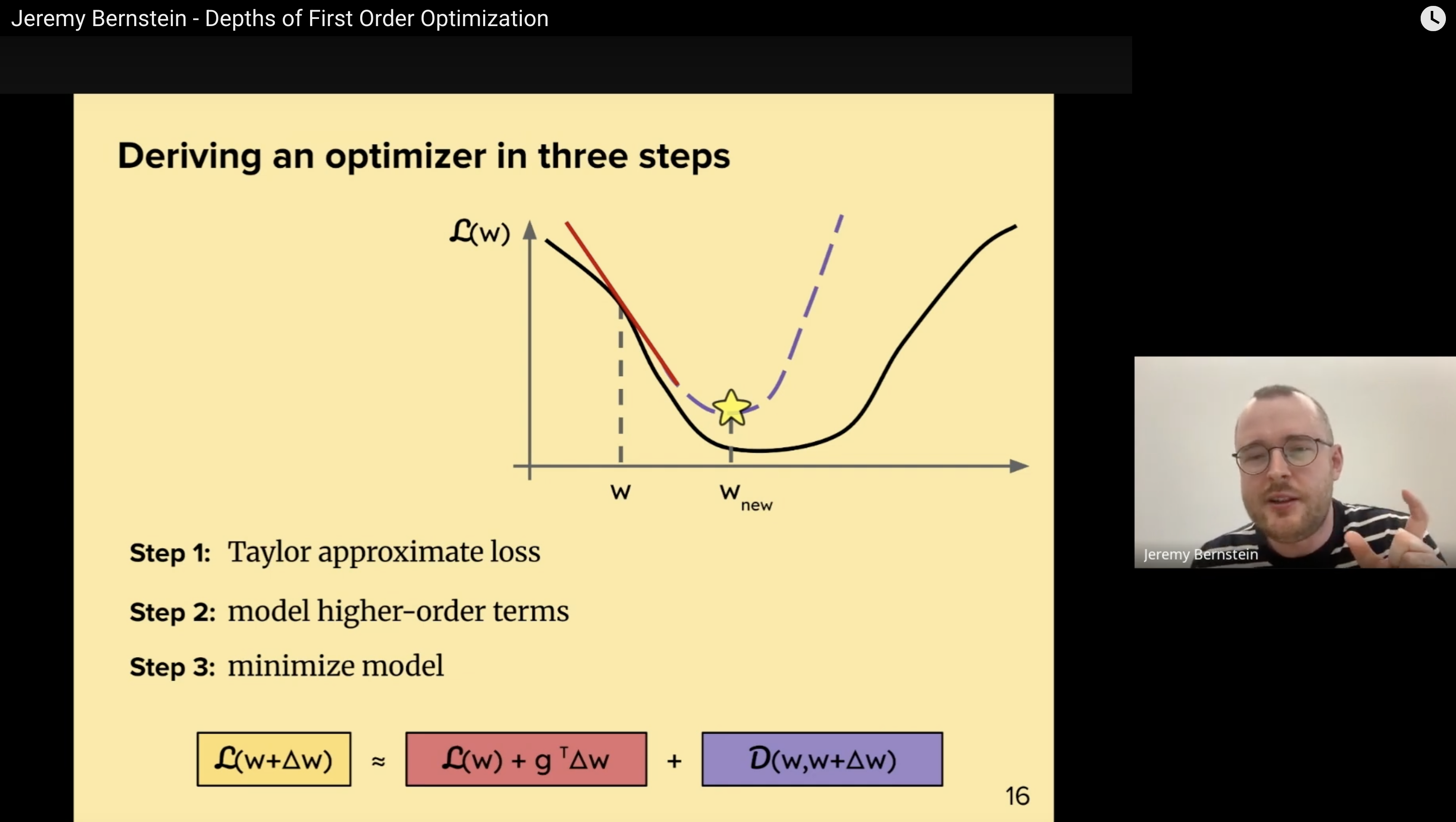 a screen capture from a video lecture given by Jeremy Bernstein on first order optimization