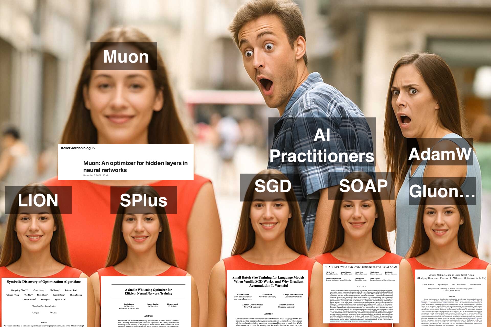 distracted boyfriend meme about different optimizers beyond AdamW